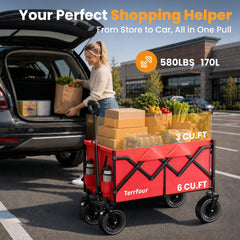Terrfour 560LBS Collapsible Folding Wagon, Heavy Duty Utility Cart for Grocery, Shopping, Garden, Sports, Camping, Red